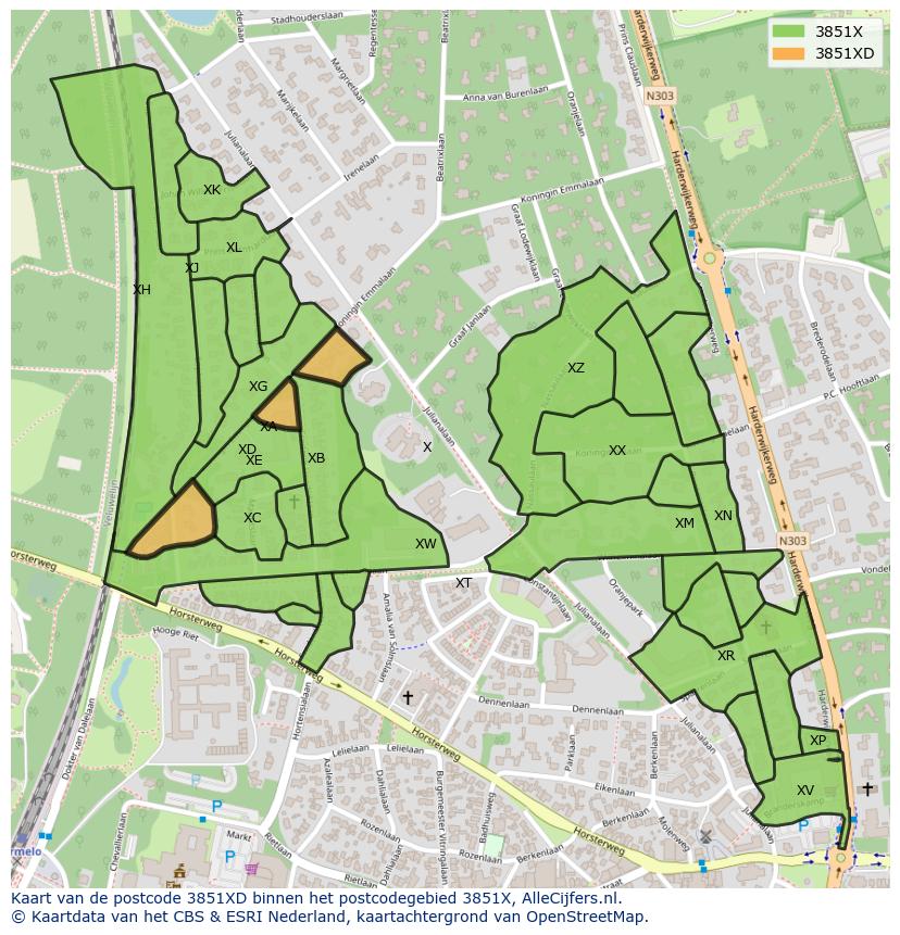 Afbeelding van het postcodegebied 3851 XD op de kaart.