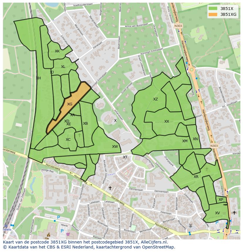 Afbeelding van het postcodegebied 3851 XG op de kaart.
