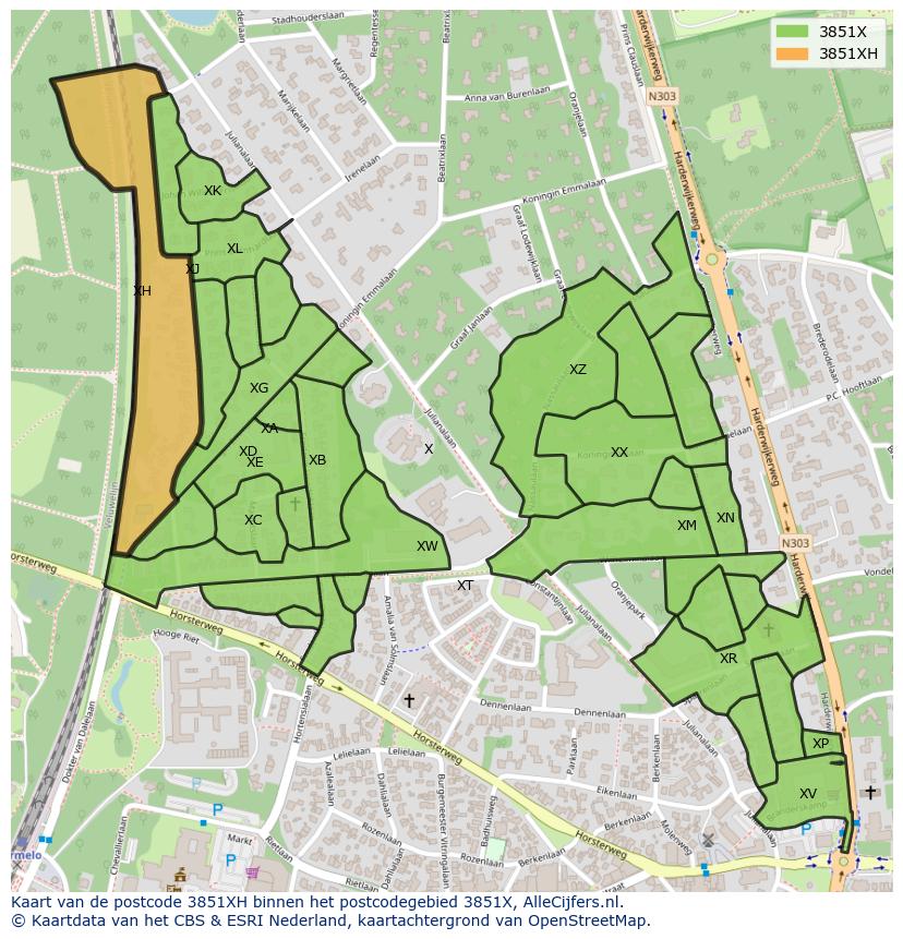 Afbeelding van het postcodegebied 3851 XH op de kaart.