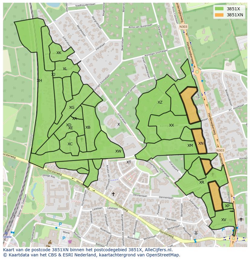 Afbeelding van het postcodegebied 3851 XN op de kaart.