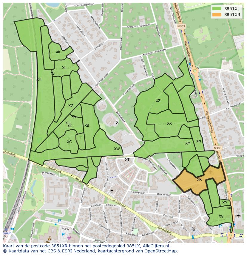 Afbeelding van het postcodegebied 3851 XR op de kaart.