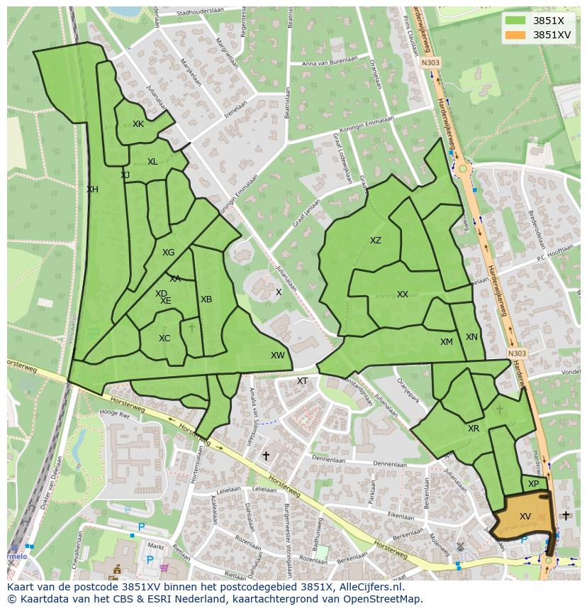 Afbeelding van het postcodegebied 3851 XV op de kaart.