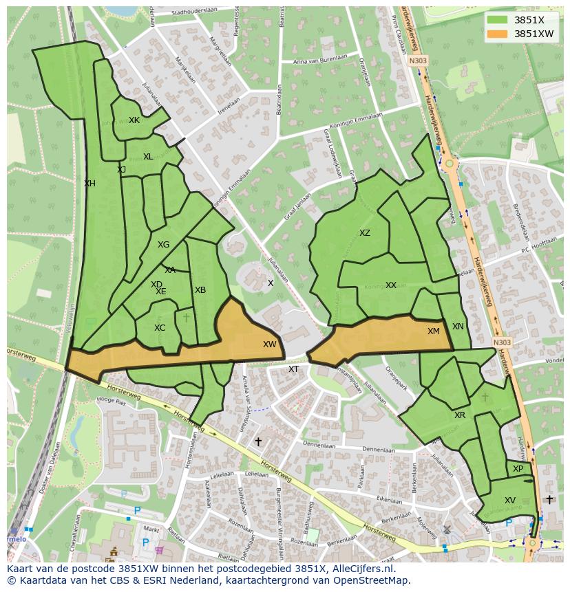 Afbeelding van het postcodegebied 3851 XW op de kaart.