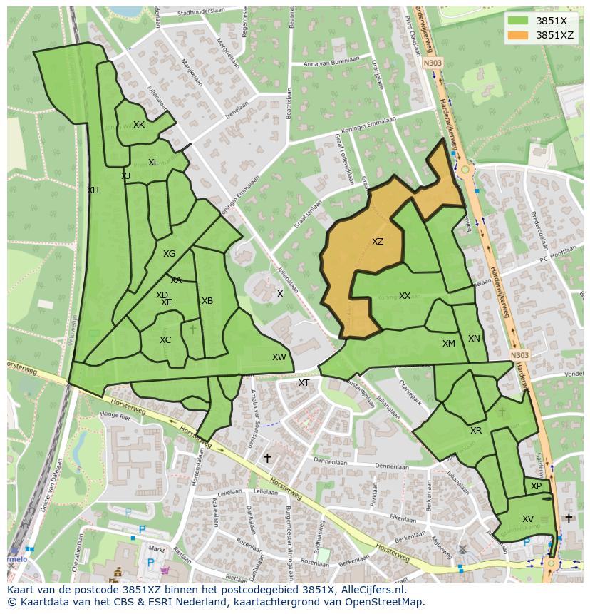 Afbeelding van het postcodegebied 3851 XZ op de kaart.