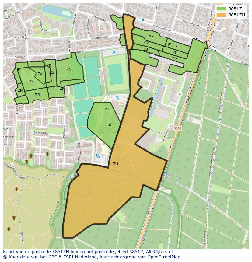 Afbeelding van het postcodegebied 3851 ZH op de kaart.