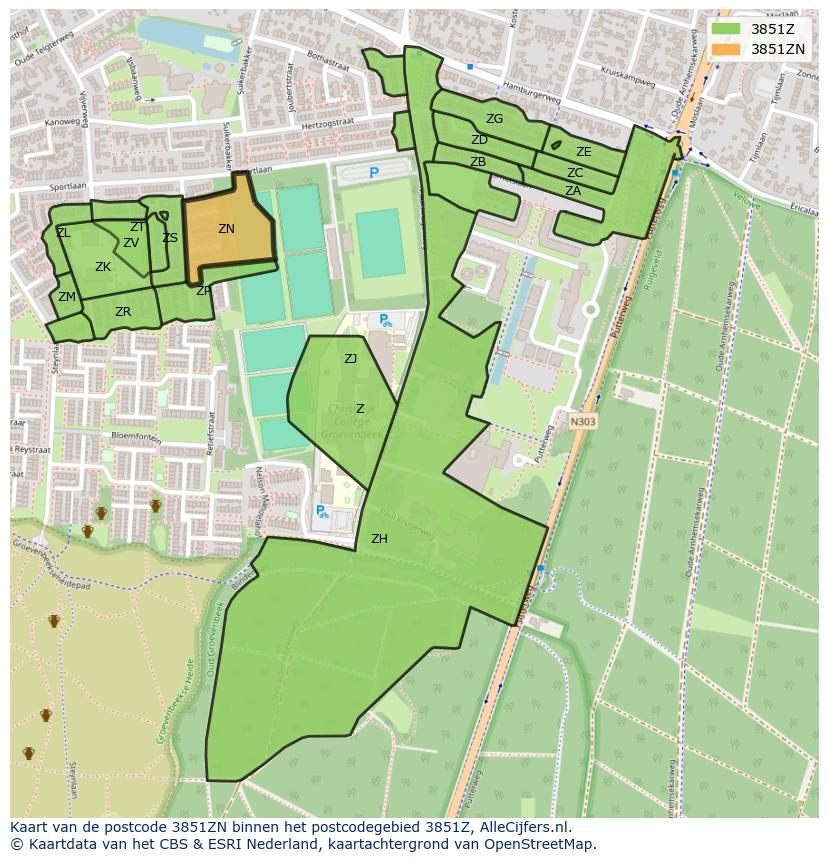 Afbeelding van het postcodegebied 3851 ZN op de kaart.