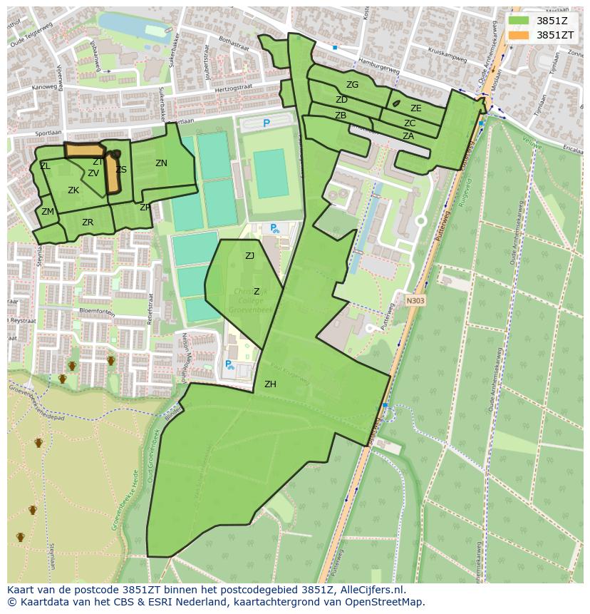 Afbeelding van het postcodegebied 3851 ZT op de kaart.