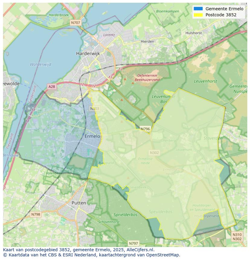 Afbeelding van het postcodegebied 3852 op de kaart.