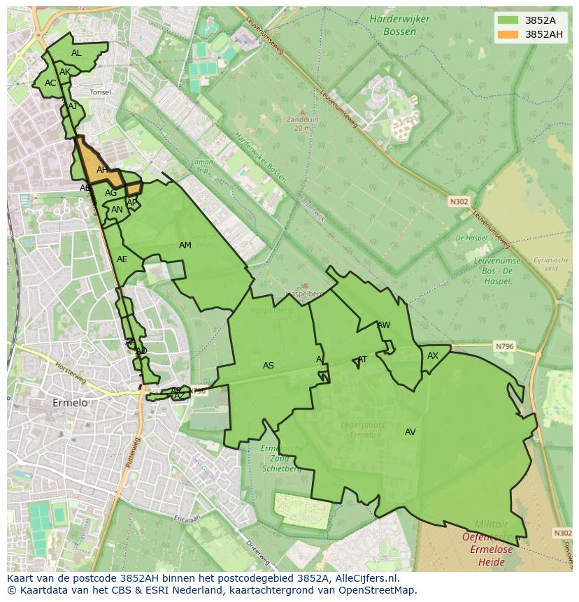 Afbeelding van het postcodegebied 3852 AH op de kaart.