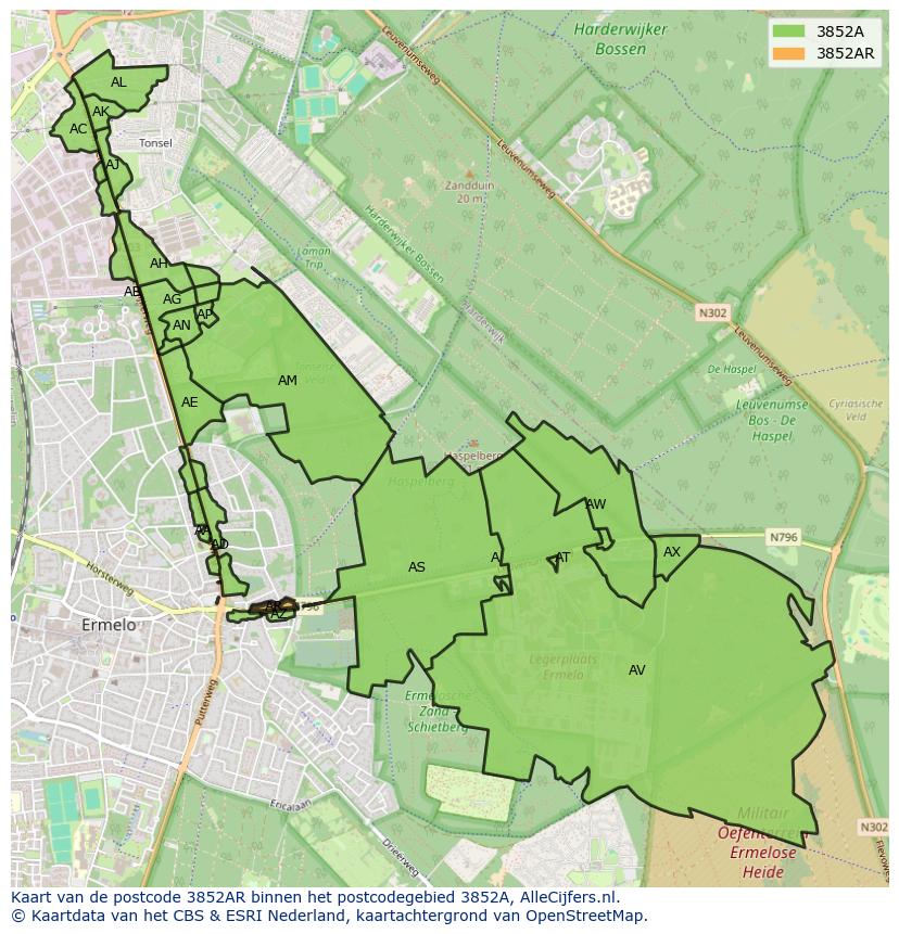 Afbeelding van het postcodegebied 3852 AR op de kaart.