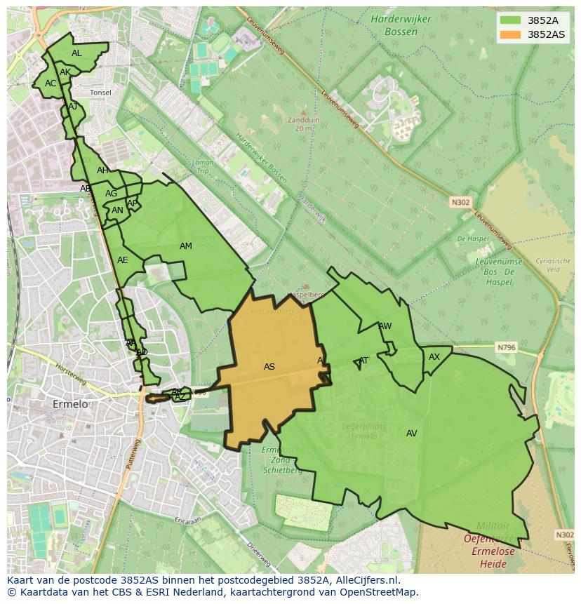 Afbeelding van het postcodegebied 3852 AS op de kaart.