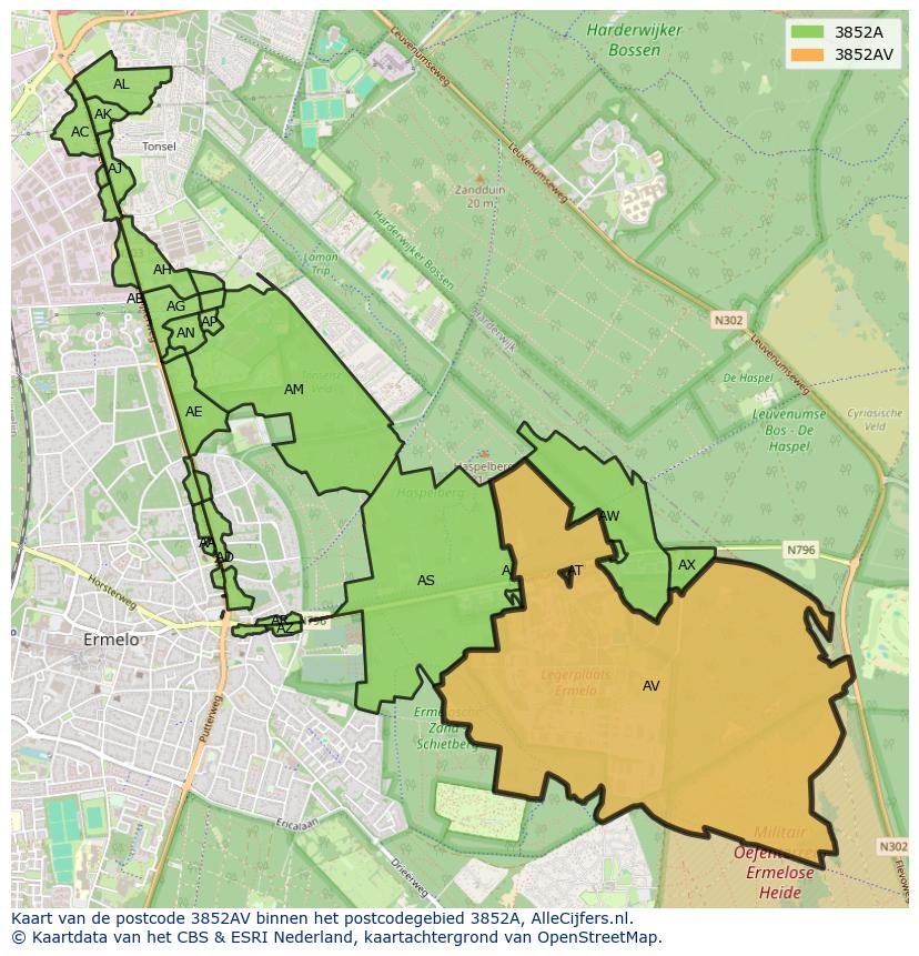 Afbeelding van het postcodegebied 3852 AV op de kaart.
