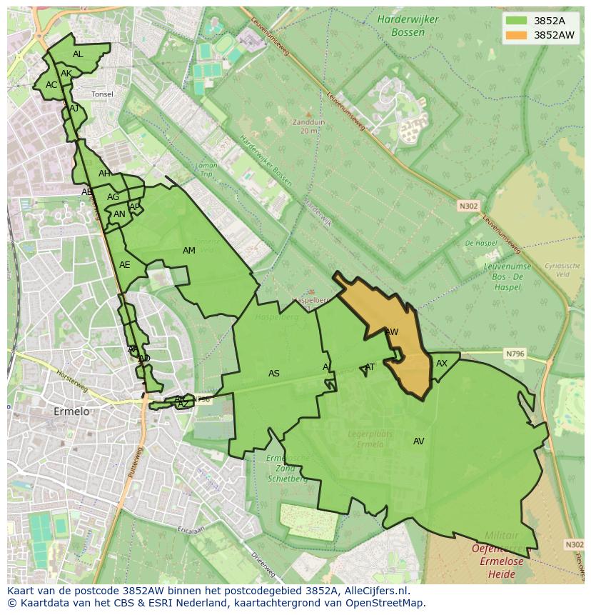 Afbeelding van het postcodegebied 3852 AW op de kaart.