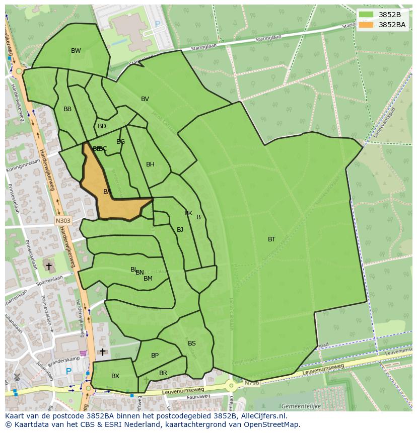 Afbeelding van het postcodegebied 3852 BA op de kaart.