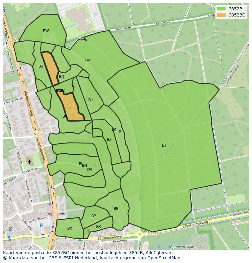 Afbeelding van het postcodegebied 3852 BC op de kaart.