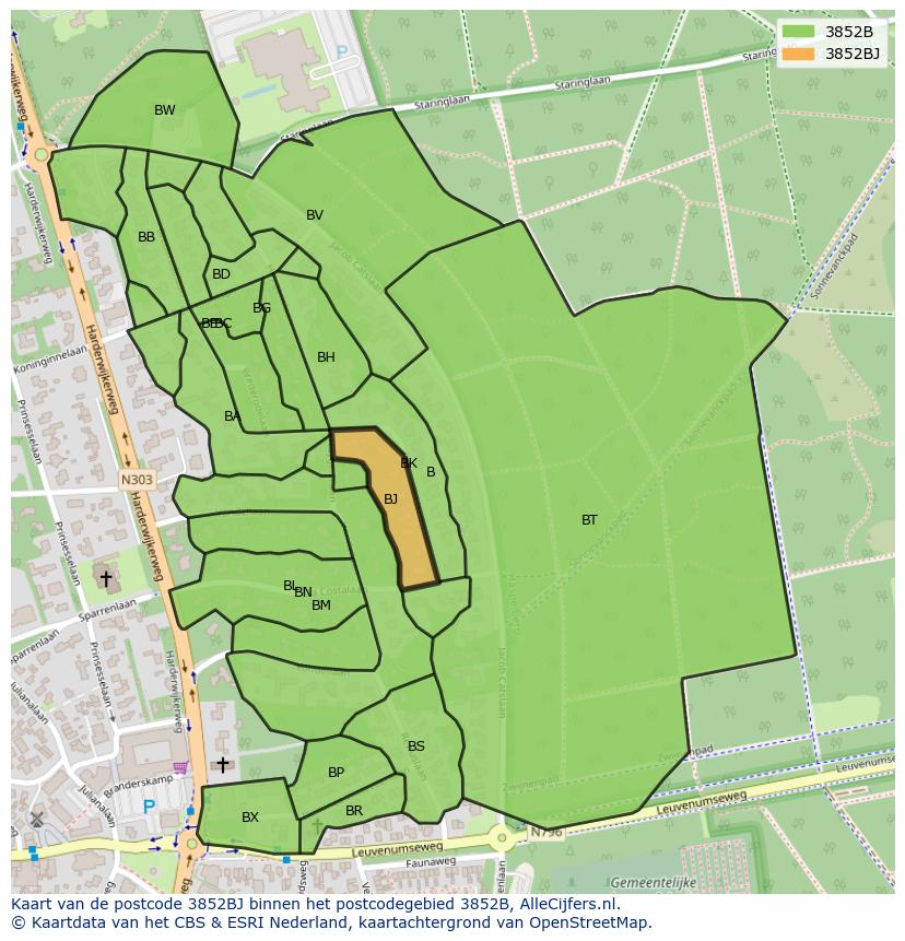Afbeelding van het postcodegebied 3852 BJ op de kaart.
