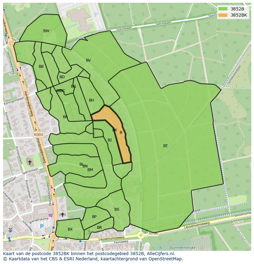 Afbeelding van het postcodegebied 3852 BK op de kaart.