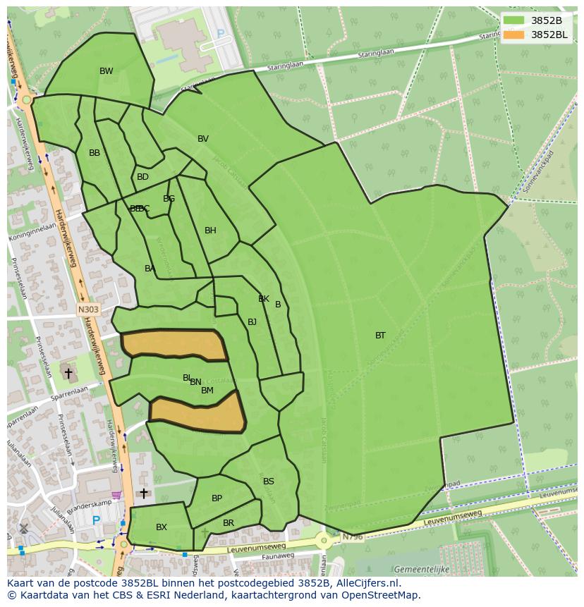 Afbeelding van het postcodegebied 3852 BL op de kaart.