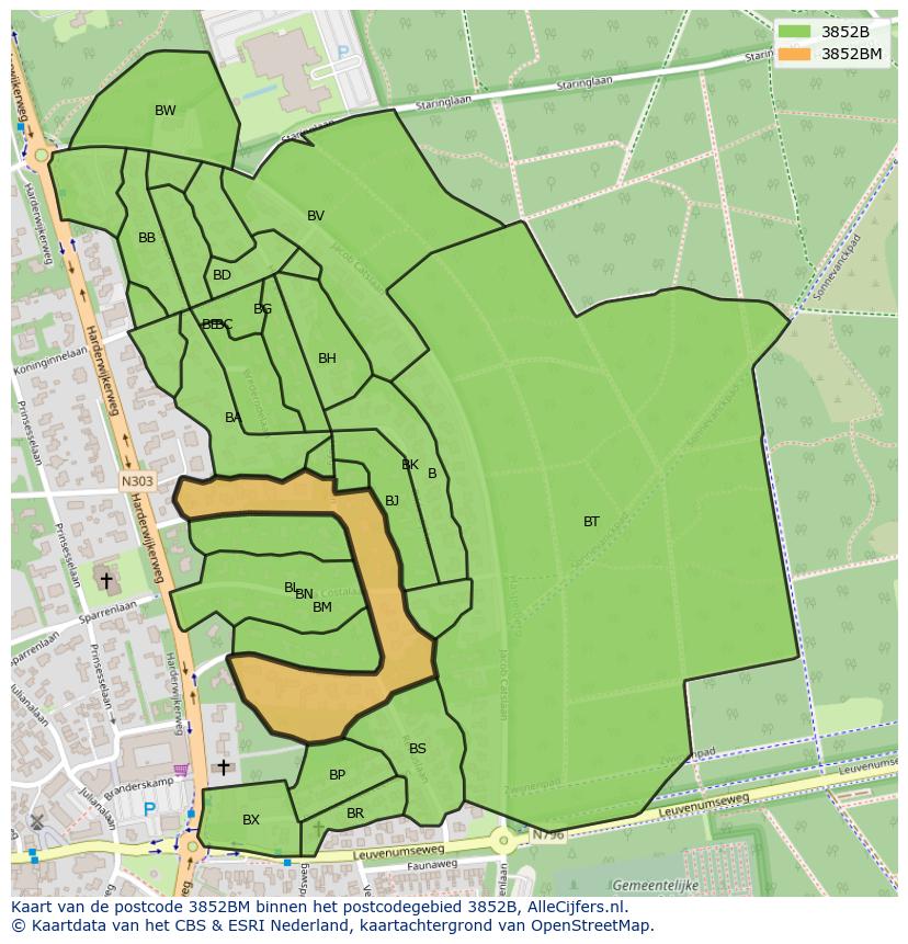 Afbeelding van het postcodegebied 3852 BM op de kaart.