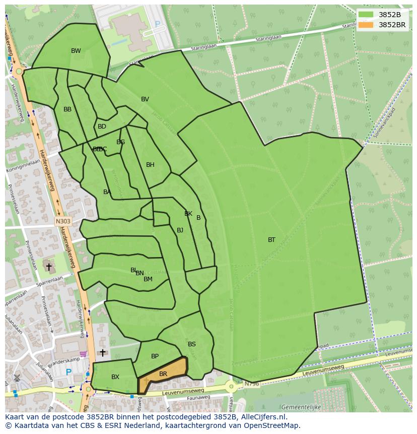Afbeelding van het postcodegebied 3852 BR op de kaart.