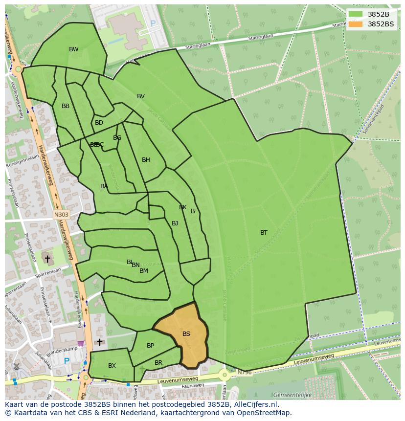 Afbeelding van het postcodegebied 3852 BS op de kaart.