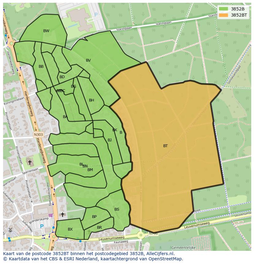 Afbeelding van het postcodegebied 3852 BT op de kaart.