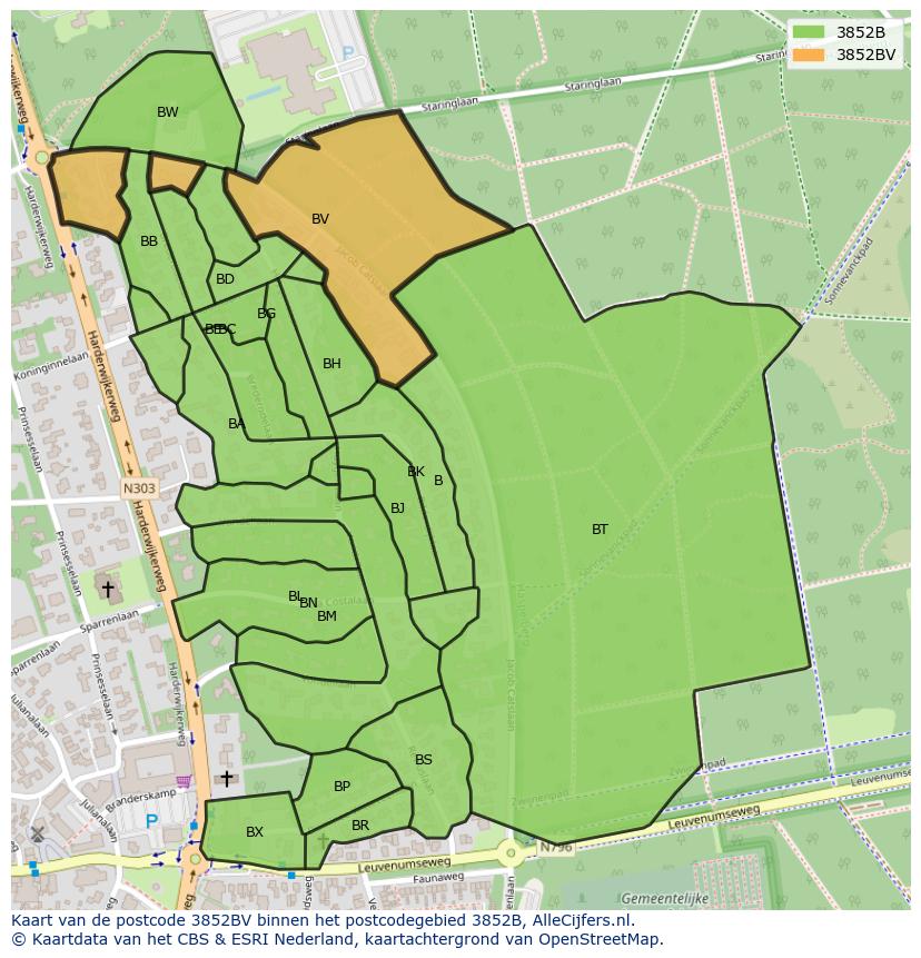 Afbeelding van het postcodegebied 3852 BV op de kaart.