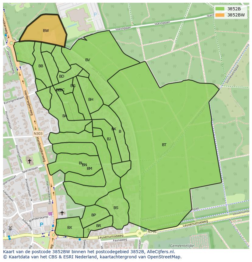 Afbeelding van het postcodegebied 3852 BW op de kaart.