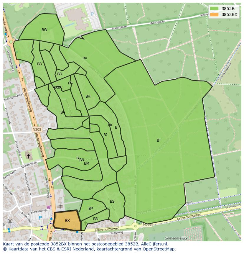 Afbeelding van het postcodegebied 3852 BX op de kaart.