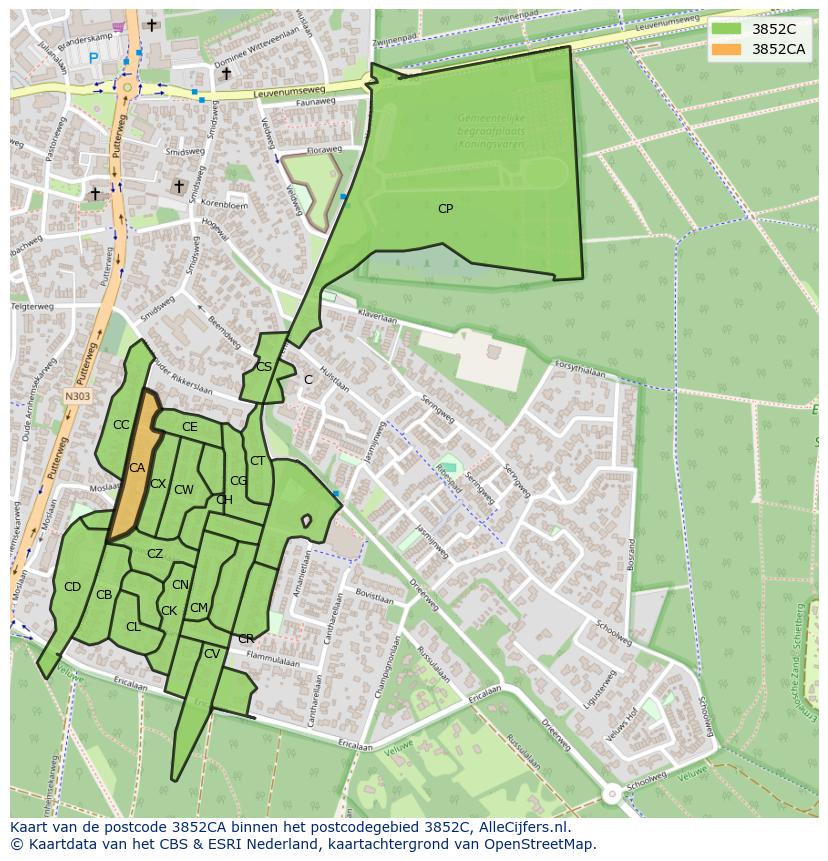 Afbeelding van het postcodegebied 3852 CA op de kaart.