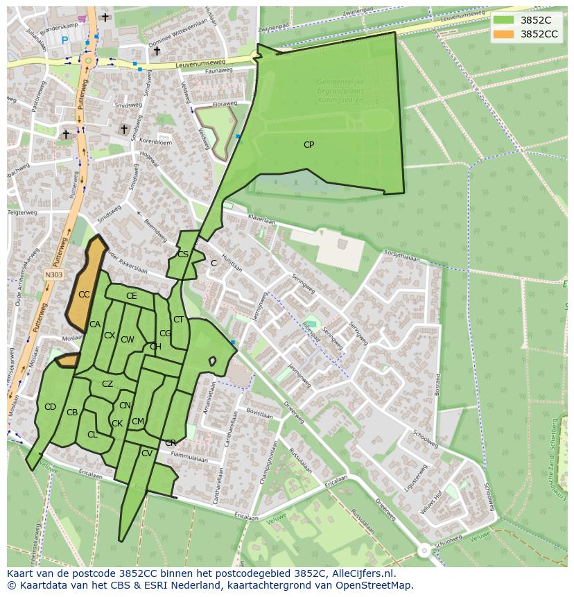 Afbeelding van het postcodegebied 3852 CC op de kaart.