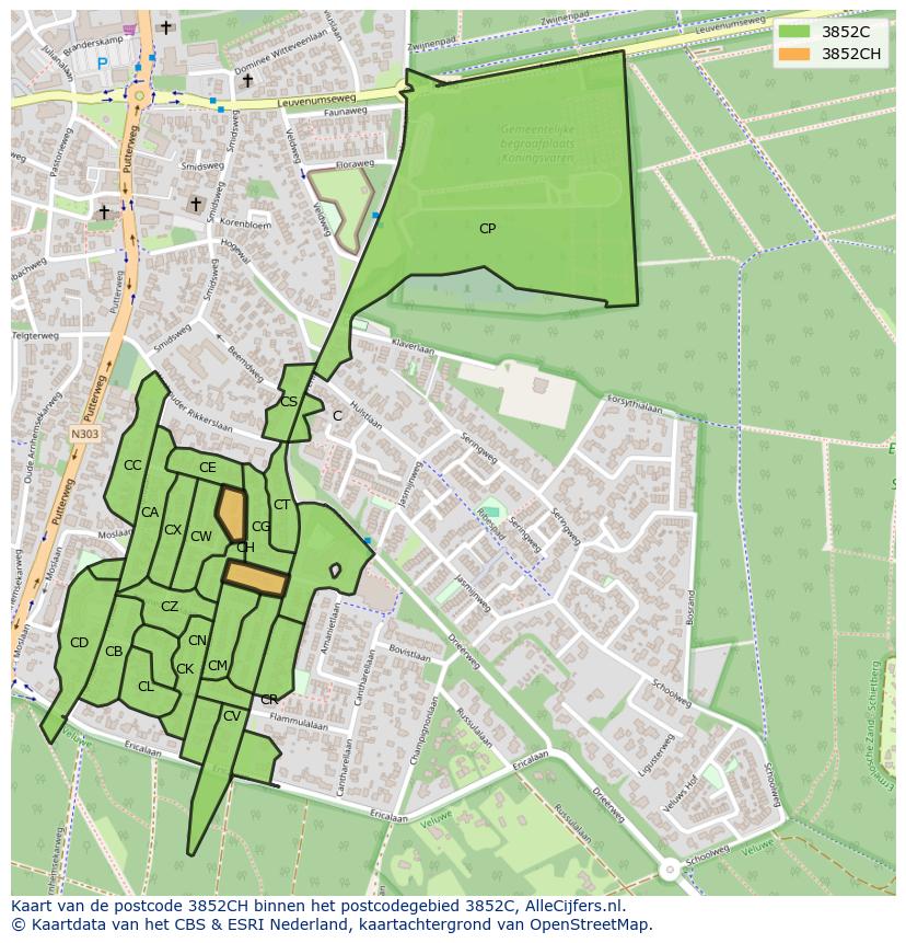 Afbeelding van het postcodegebied 3852 CH op de kaart.