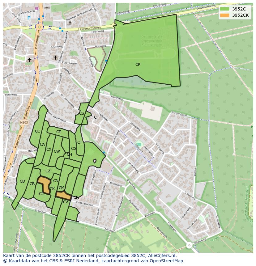 Afbeelding van het postcodegebied 3852 CK op de kaart.