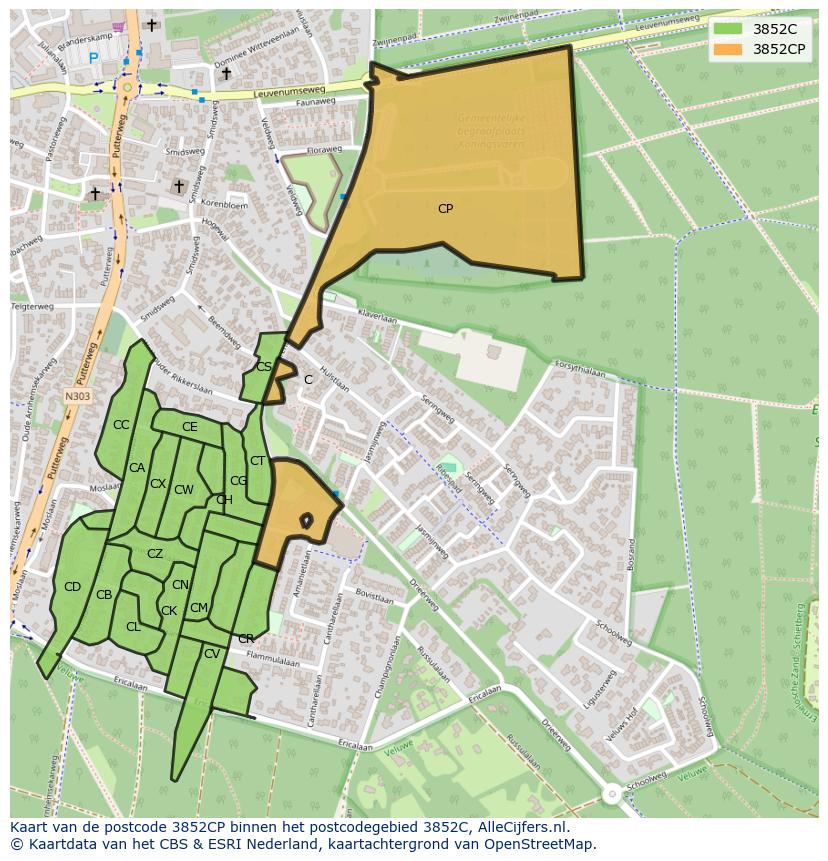 Afbeelding van het postcodegebied 3852 CP op de kaart.