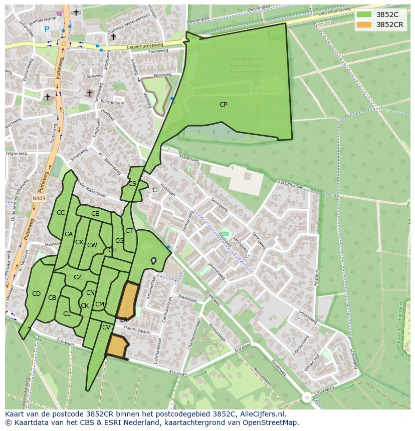 Afbeelding van het postcodegebied 3852 CR op de kaart.