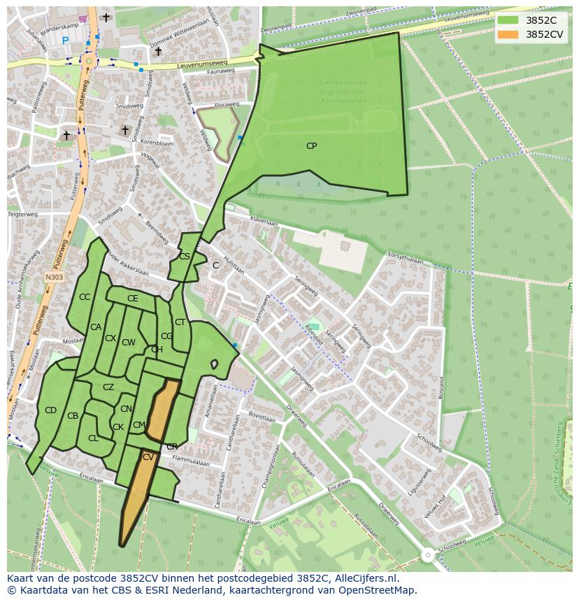 Afbeelding van het postcodegebied 3852 CV op de kaart.