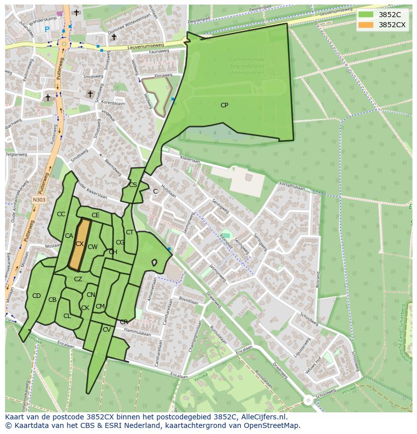 Afbeelding van het postcodegebied 3852 CX op de kaart.