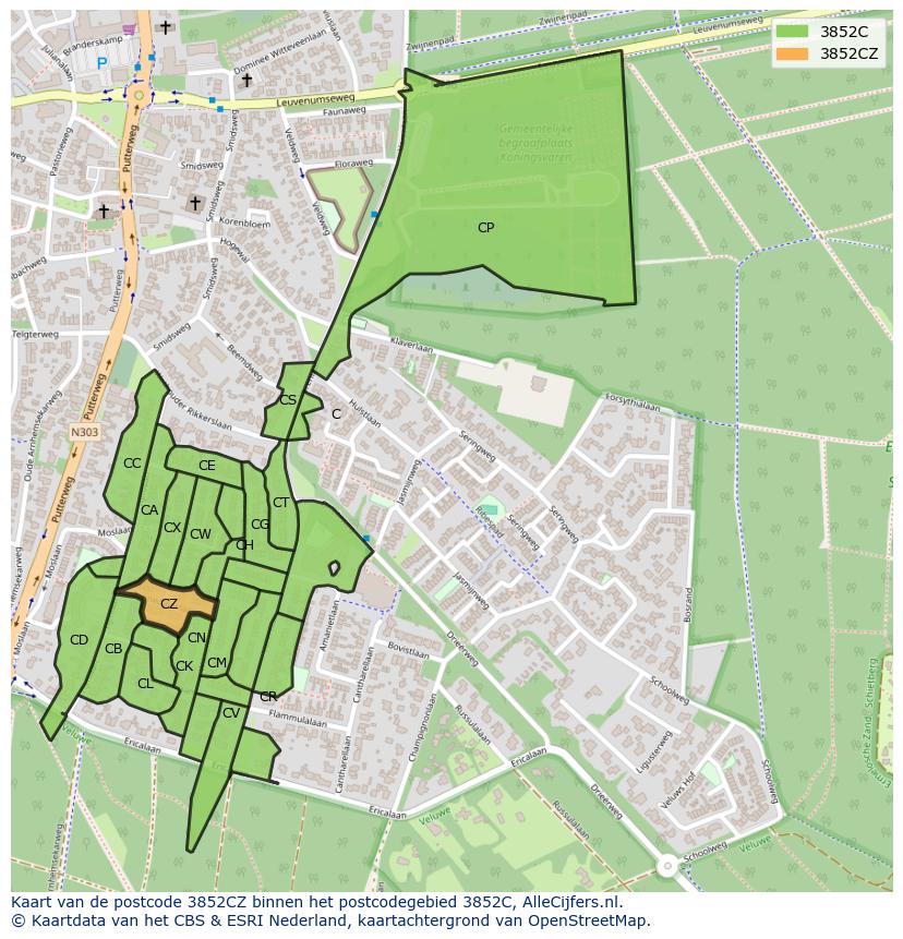 Afbeelding van het postcodegebied 3852 CZ op de kaart.