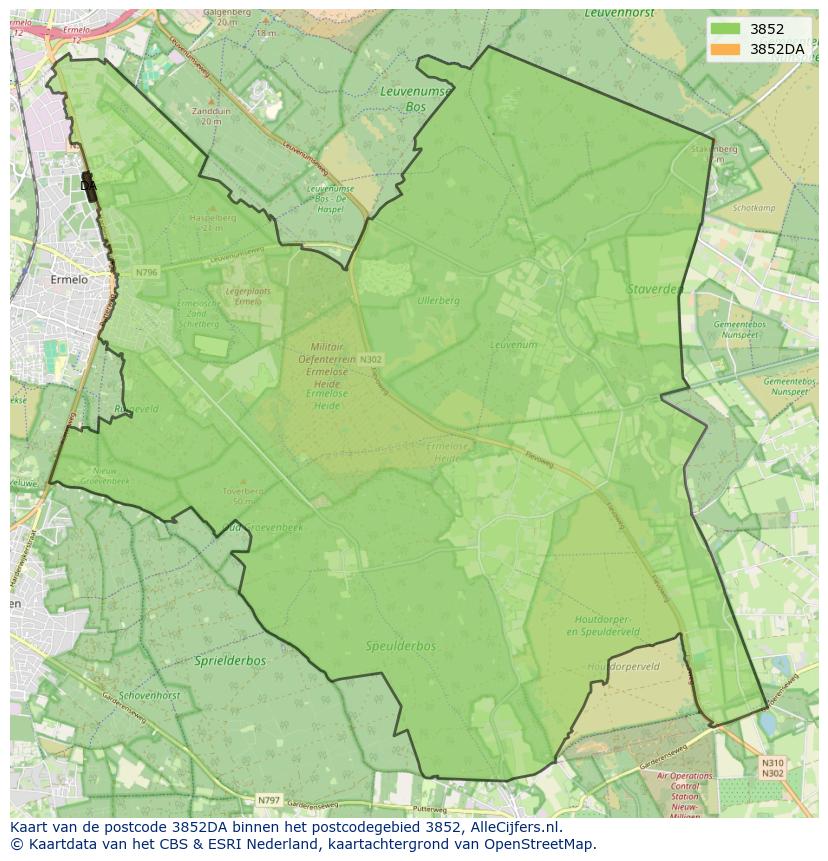 Afbeelding van het postcodegebied 3852 DA op de kaart.