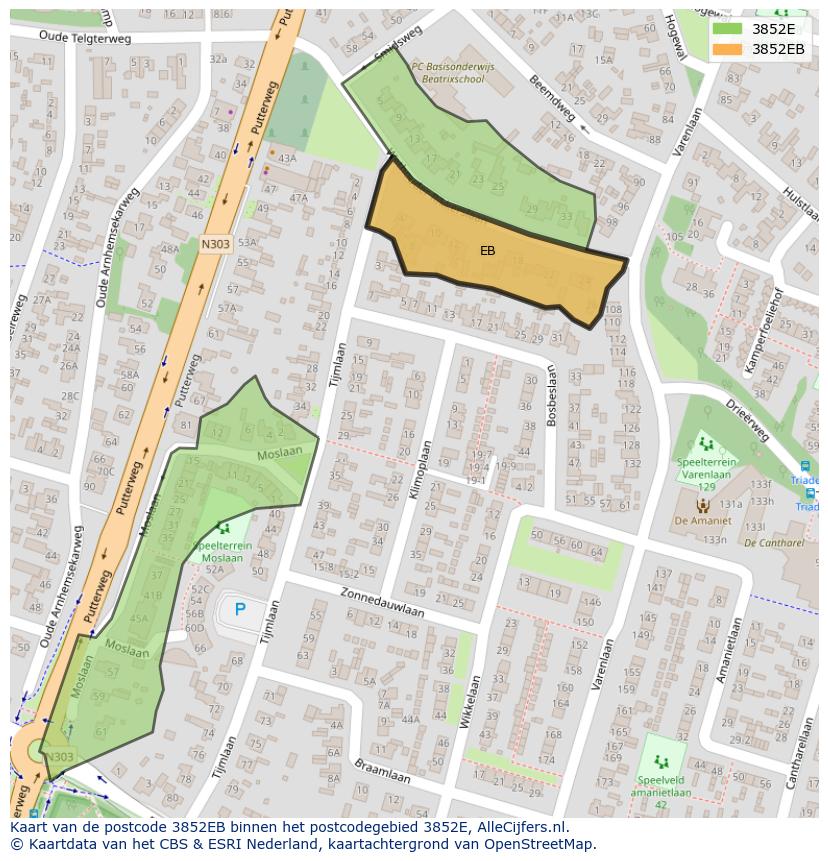 Afbeelding van het postcodegebied 3852 EB op de kaart.