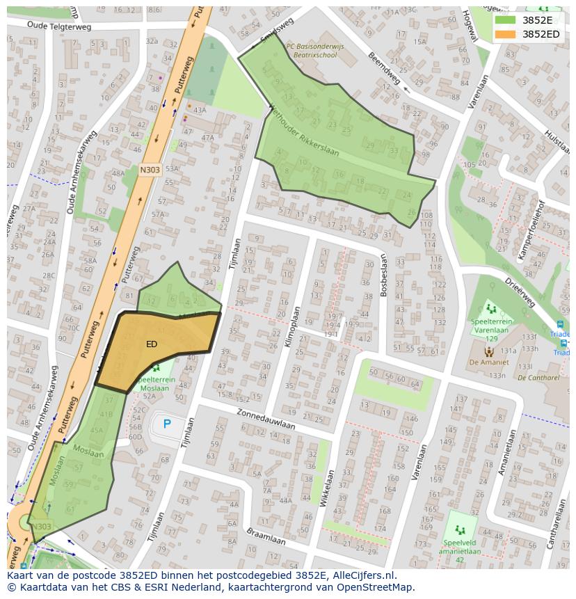 Afbeelding van het postcodegebied 3852 ED op de kaart.