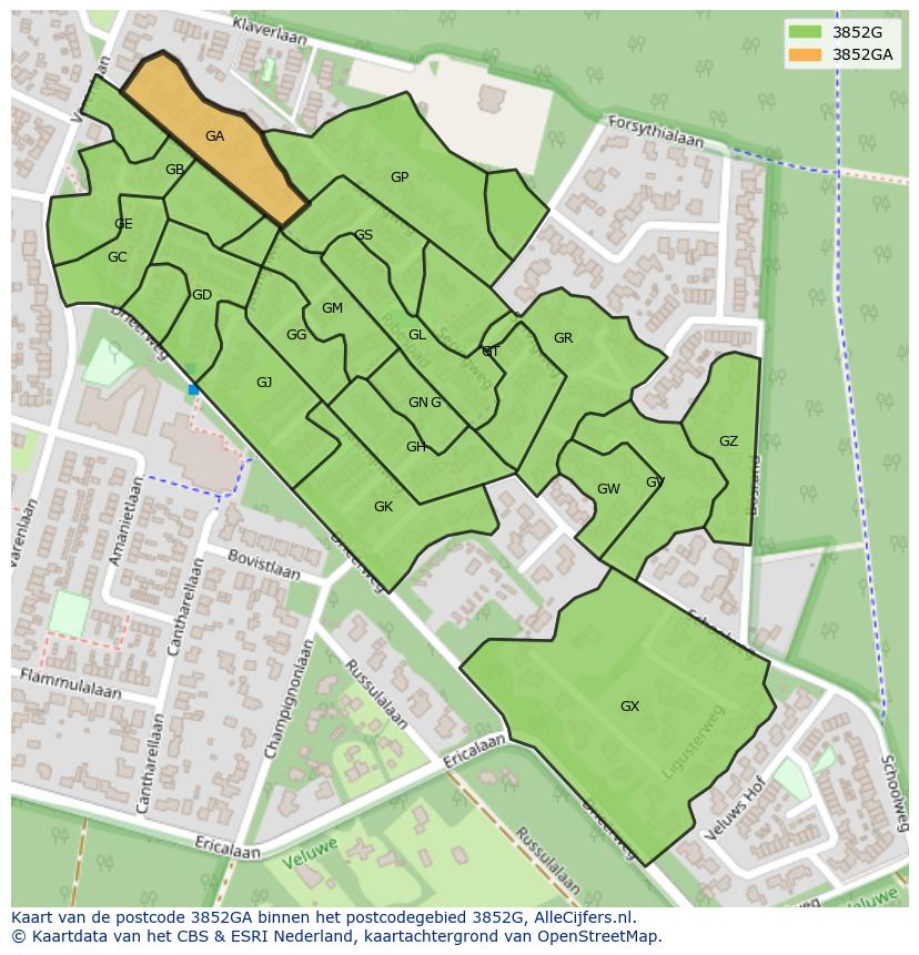 Afbeelding van het postcodegebied 3852 GA op de kaart.