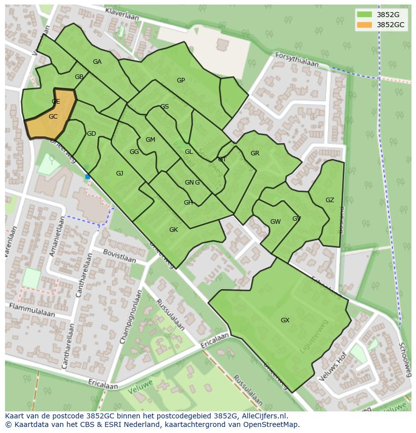 Afbeelding van het postcodegebied 3852 GC op de kaart.