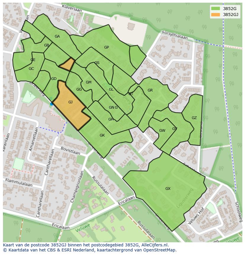 Afbeelding van het postcodegebied 3852 GJ op de kaart.
