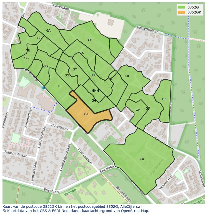 Afbeelding van het postcodegebied 3852 GK op de kaart.