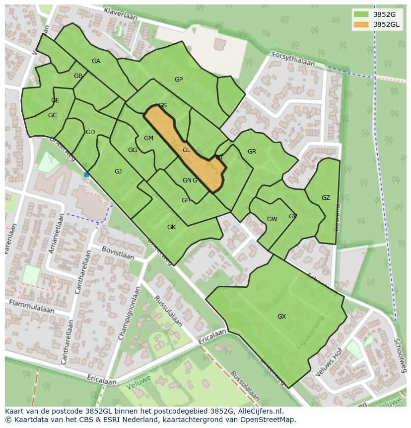 Afbeelding van het postcodegebied 3852 GL op de kaart.