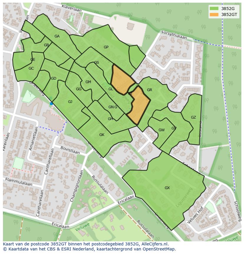 Afbeelding van het postcodegebied 3852 GT op de kaart.