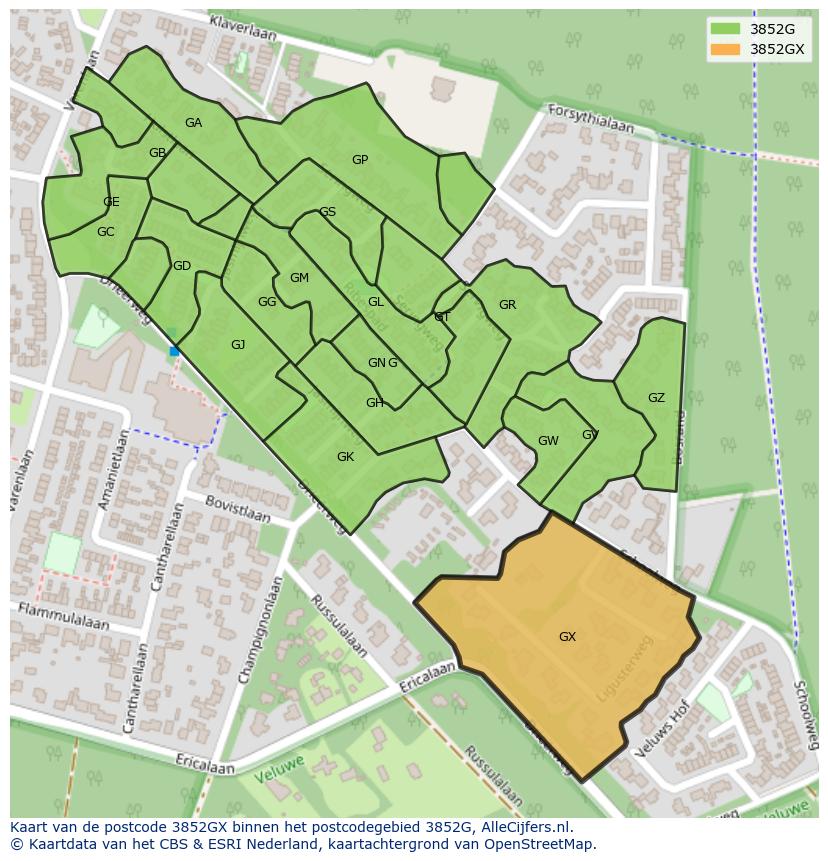 Afbeelding van het postcodegebied 3852 GX op de kaart.