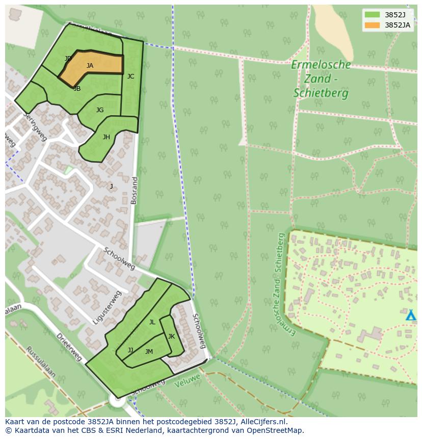 Afbeelding van het postcodegebied 3852 JA op de kaart.
