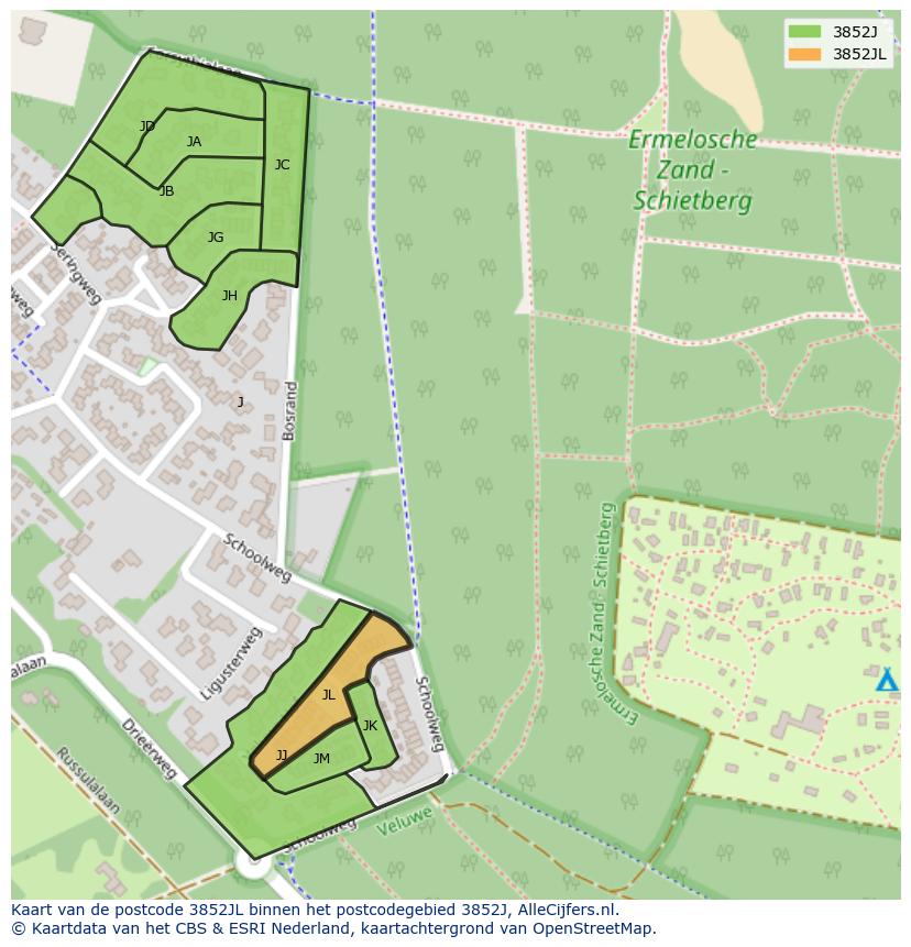 Afbeelding van het postcodegebied 3852 JL op de kaart.